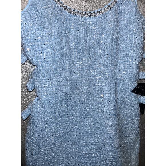 Self-Portrait Cocktail Wedding Prom Powder Blue Tweed Sequin Beaded Mini Dress - Picture 6 of 11